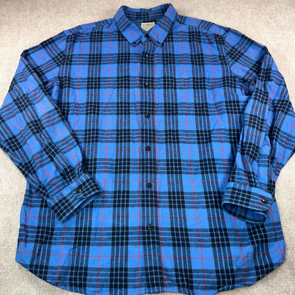 LL Bean Mens XXL Flannel Shirt Blue Black Plaid Slightly Fitted Cotton 298167
